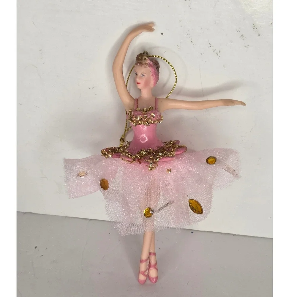 Pink Ballerina Christmas Ornament Gold Sequins Mesh Tutu Dance Decor